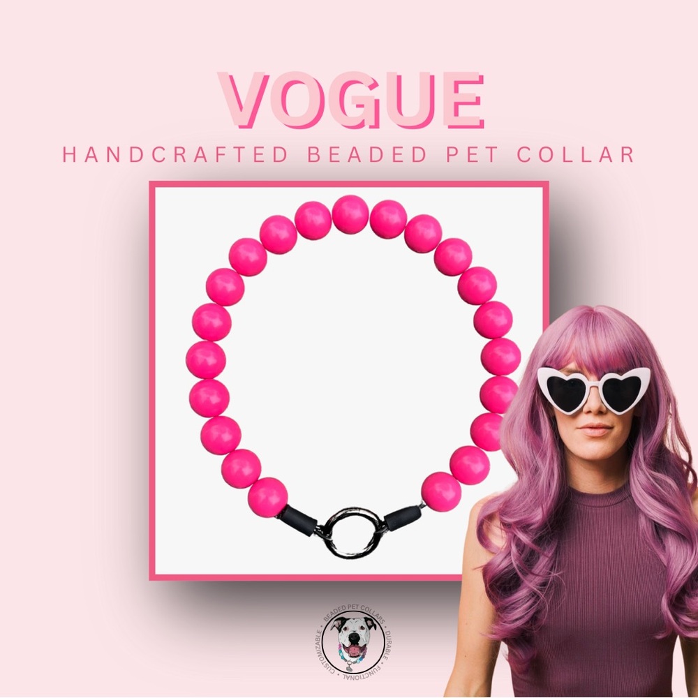 Handcrafted Beaded Dog Collar - Vogue - Bright Pink Acrylic Beads